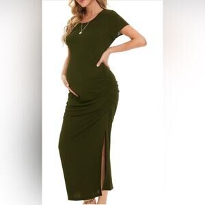 Split Long Maternity Dress Short Sleeve Ruched Sides